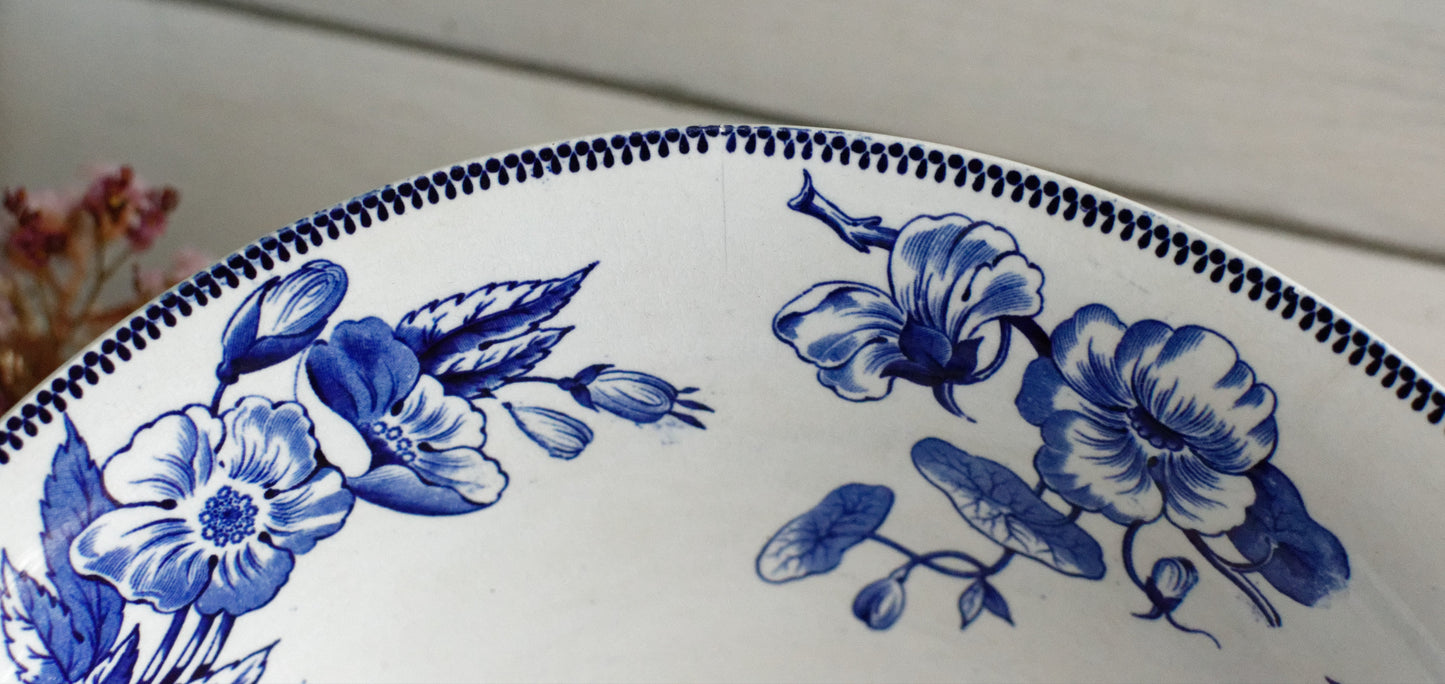 Sce ROUEN CHOISY LE ROI (HB & Cie) Terre de Fer French Antique Ironstone Blue Transferware Footed Serving Bowl Bol Birds & Butterflies Faïence