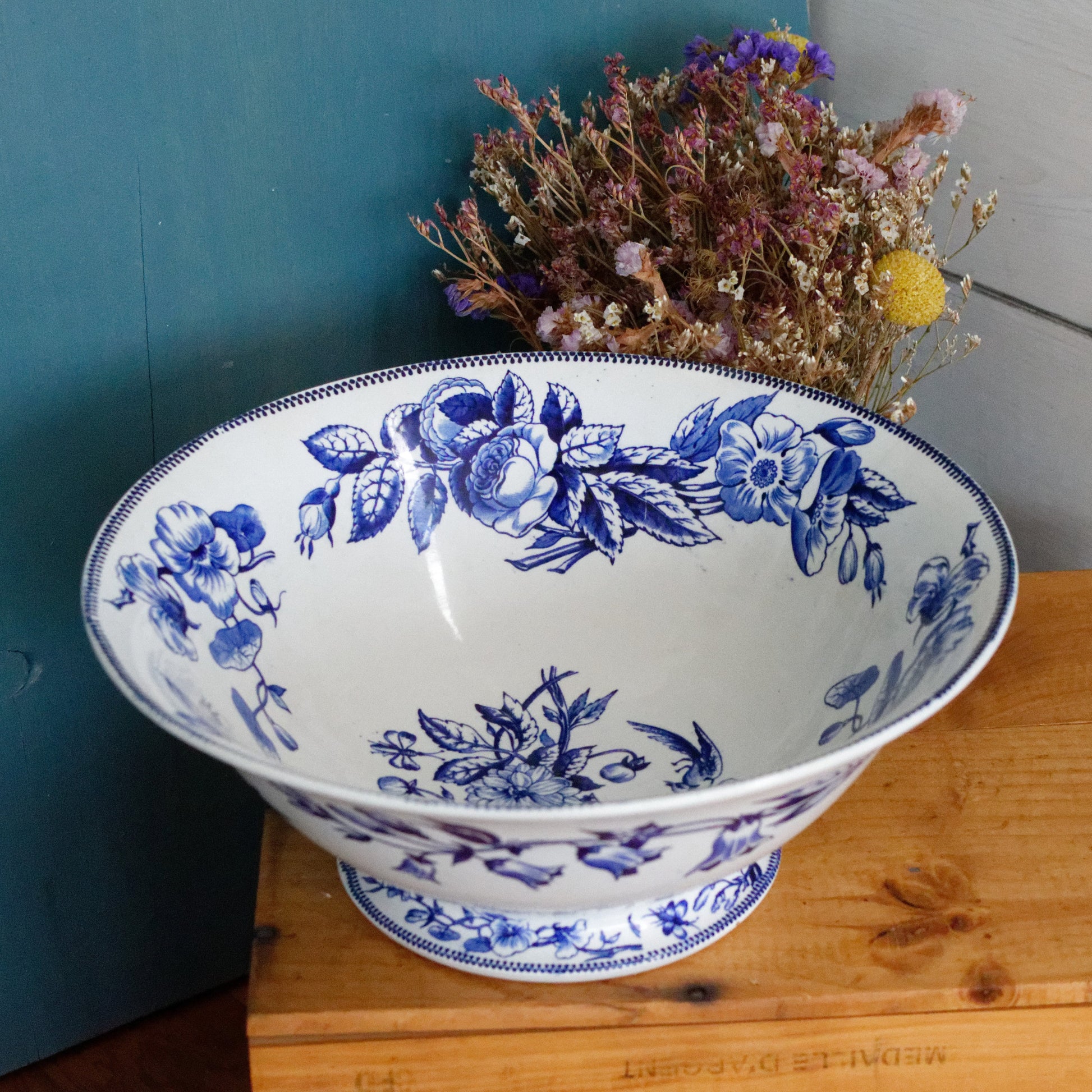 Sce ROUEN CHOISY LE ROI (HB & Cie) Terre de Fer French Antique Ironstone Blue Transferware Footed Serving Bowl Bol Birds & Butterflies Faïence