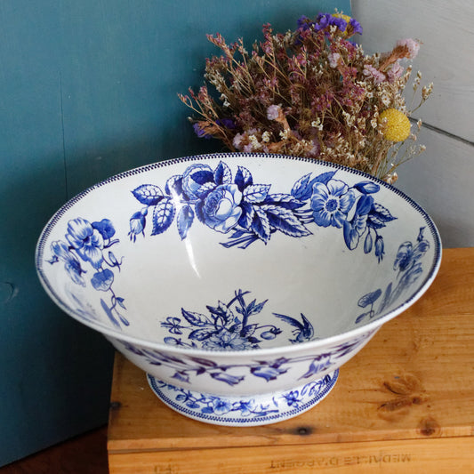 Sce ROUEN CHOISY LE ROI (HB & Cie) Terre de Fer French Antique Ironstone Blue Transferware Footed Serving Bowl Bol Birds & Butterflies Faïence