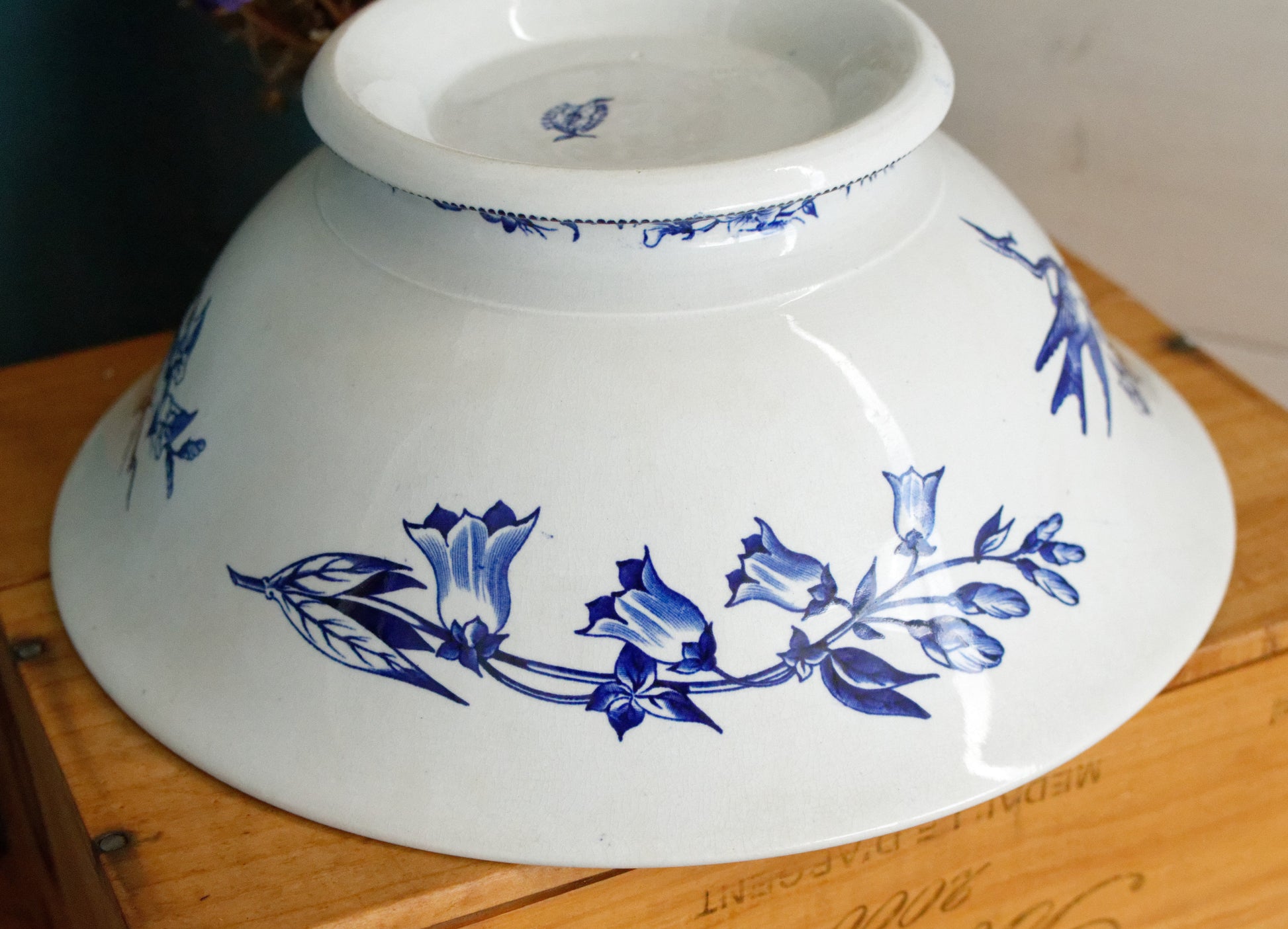 Sce ROUEN CHOISY LE ROI (HB & Cie) Terre de Fer French Antique Ironstone Blue Transferware Footed Serving Bowl Bol Birds & Butterflies Faïence