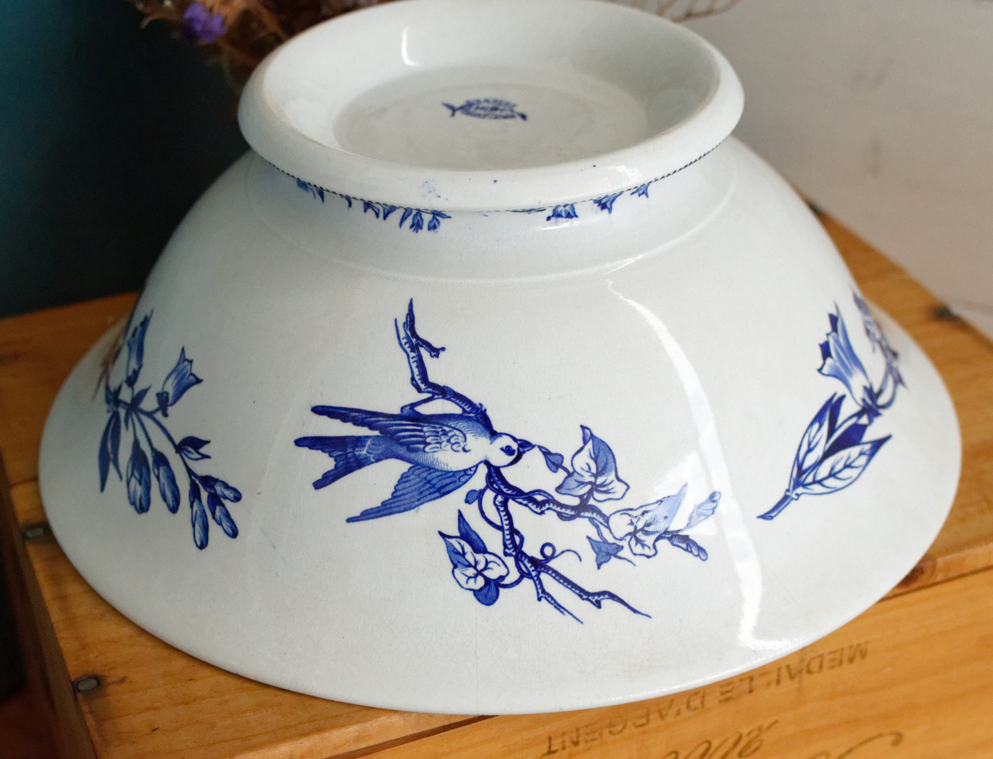 Sce ROUEN CHOISY LE ROI (HB & Cie) Terre de Fer French Antique Ironstone Blue Transferware Footed Serving Bowl Bol Birds & Butterflies Faïence