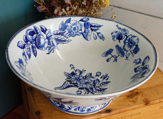 Sce ROUEN CHOISY LE ROI (HB & Cie) Terre de Fer French Antique Ironstone Blue Transferware Footed Serving Bowl Bol Birds & Butterflies Faïence