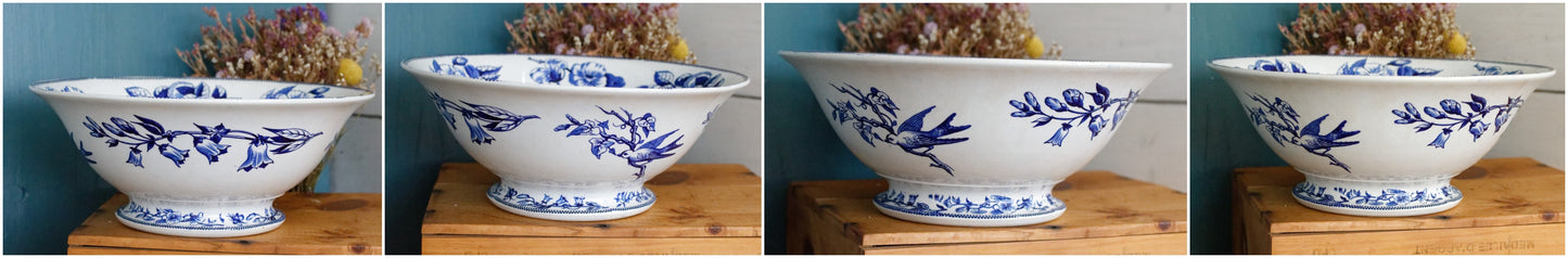 Sce ROUEN CHOISY LE ROI (HB & Cie) Terre de Fer French Antique Ironstone Blue Transferware Footed Serving Bowl Bol Birds & Butterflies Faïence