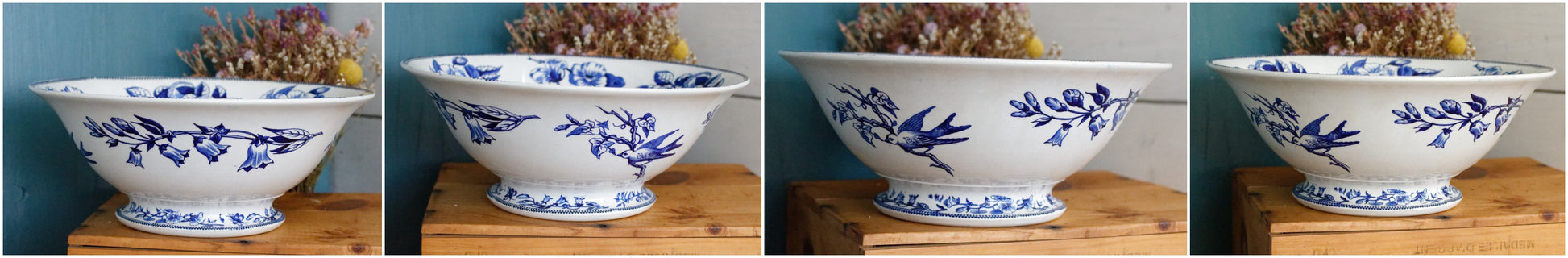 Sce ROUEN CHOISY LE ROI (HB & Cie) Terre de Fer French Antique Ironstone Blue Transferware Footed Serving Bowl Bol Birds & Butterflies Faïence