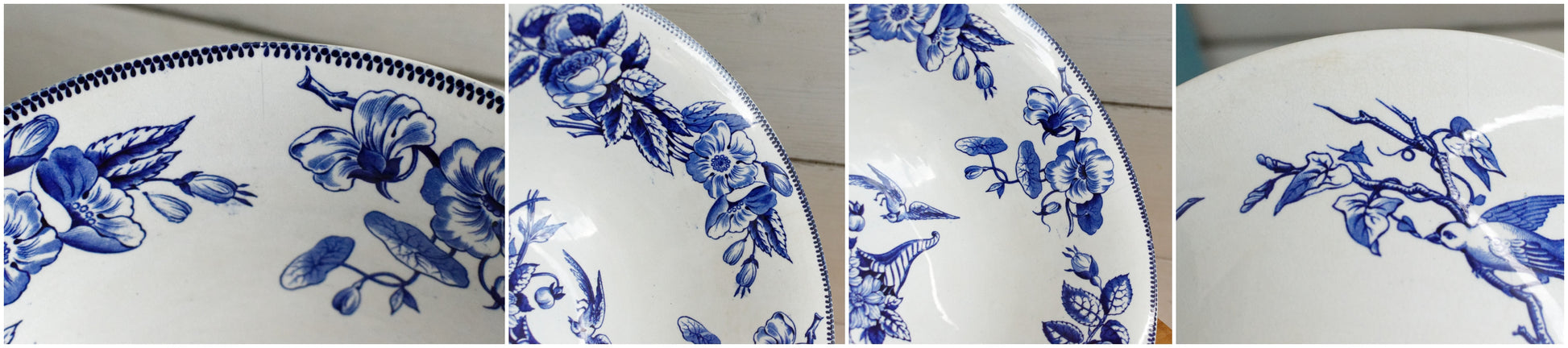 Sce ROUEN CHOISY LE ROI (HB & Cie) Terre de Fer French Antique Ironstone Blue Transferware Footed Serving Bowl Bol Birds & Butterflies Faïence