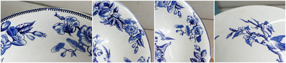 Sce ROUEN CHOISY LE ROI (HB & Cie) Terre de Fer French Antique Ironstone Blue Transferware Footed Serving Bowl Bol Birds & Butterflies Faïence