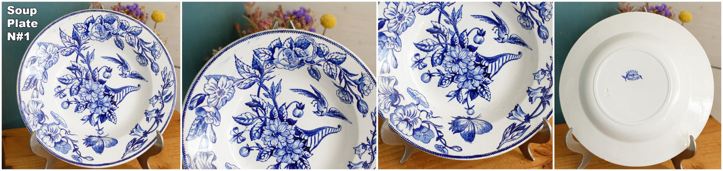 1890s ~"Sce ROUEN" CHOISY LE ROI (HB & Cie) Terre de Fer ~ French Antique Ironstone Blue Transferware Soup Plate ~ Birds & Butterflies Faïence