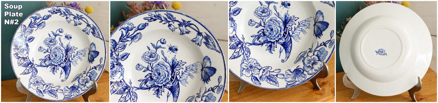 Sce ROUEN CHOISY LE ROI (HB & Cie) Terre de Fer French Antique Ironstone Blue Transferware Soup Plate Birds & Butterflies Faïence