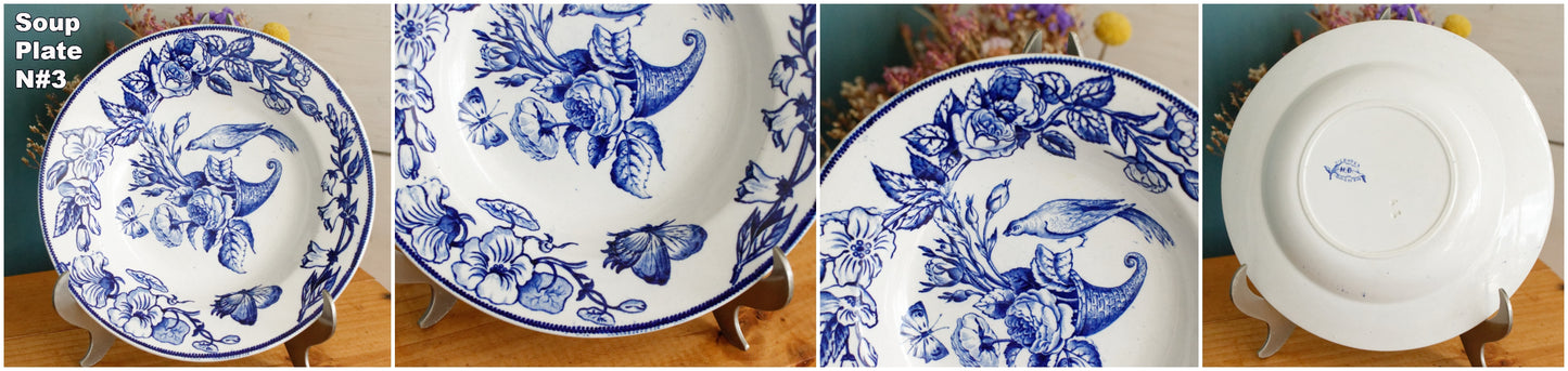 1890s ~"Sce ROUEN" CHOISY LE ROI (HB & Cie) Terre de Fer ~ French Antique Ironstone Blue Transferware Soup Plate ~ Birds & Butterflies Faïence
