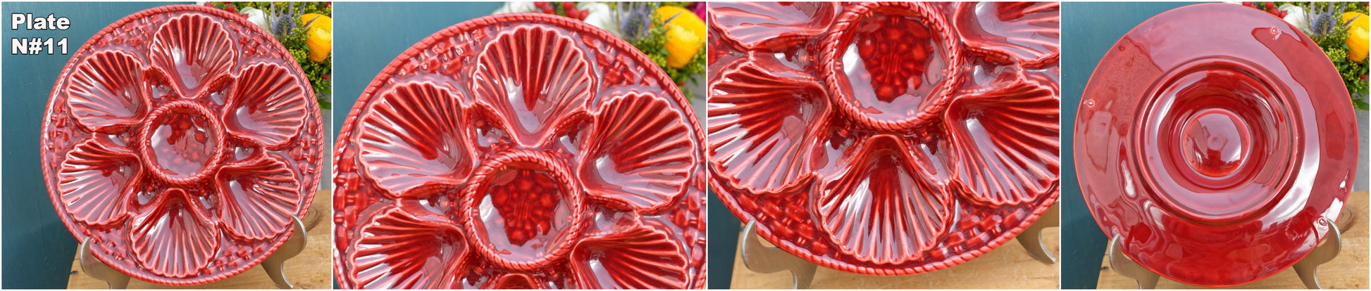 French Vintage Barbotine Majolica Style RED Oyster Huître Shellfish Plate