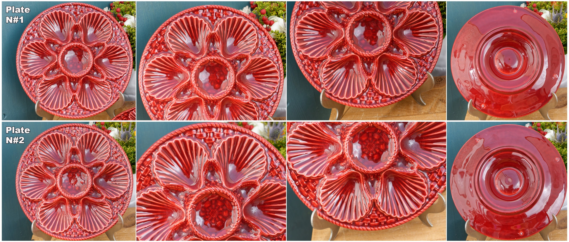 French Vintage Barbotine Majolica Style RED Oyster Huître Shellfish Plate
