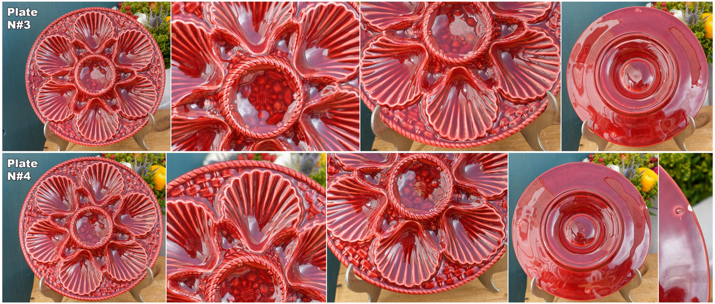 French Vintage Barbotine Majolica Style RED Oyster Huître Shellfish Plate