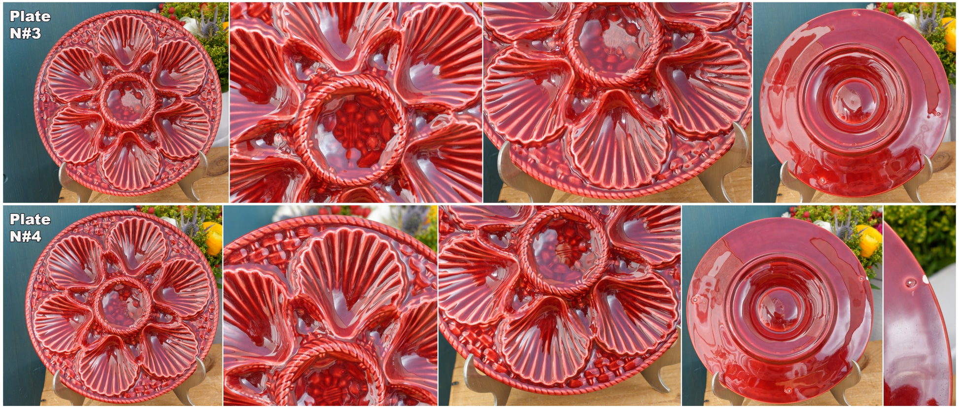 French Vintage Barbotine Majolica Style RED Oyster Huître Shellfish Plate