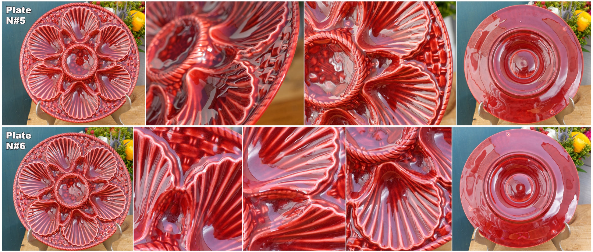 French Vintage Barbotine Majolica Style RED Oyster Huître Shellfish Plate
