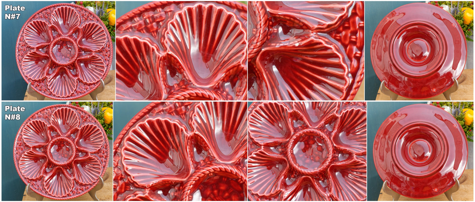 French Vintage Barbotine Majolica Style RED Oyster Huître Shellfish Plate