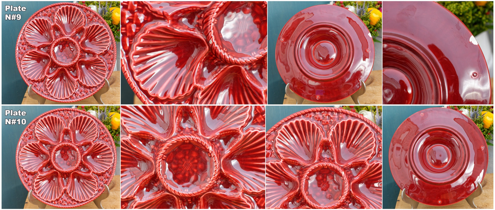 French Vintage Barbotine Majolica Style RED Oyster Huître Shellfish Plate