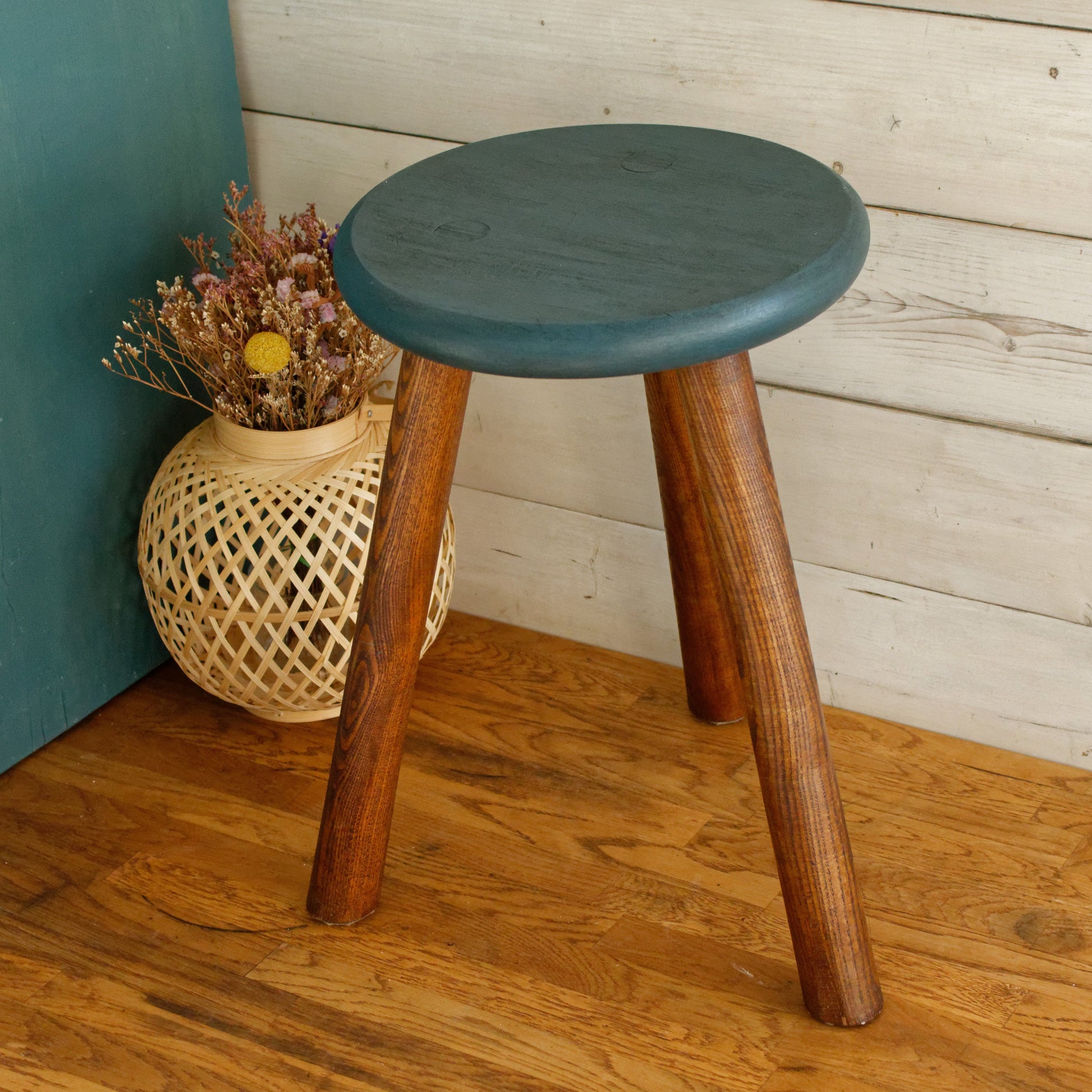 French Vintage Round Wooden Stool Solid Wood Three Legged Farm Milk Stool Refurbished