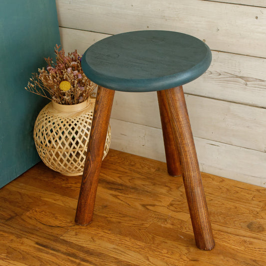 French Vintage Round Wooden Stool Solid Wood Three Legged Farm Milk Stool Refurbished