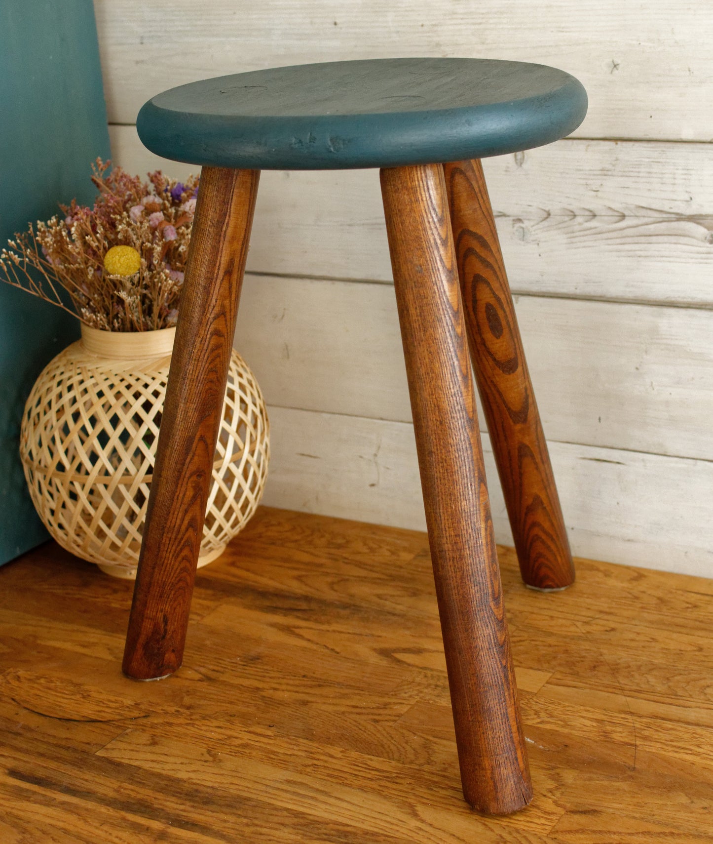 French Vintage Round Wooden Stool Solid Wood Three Legged Farm Milk Stool Refurbished