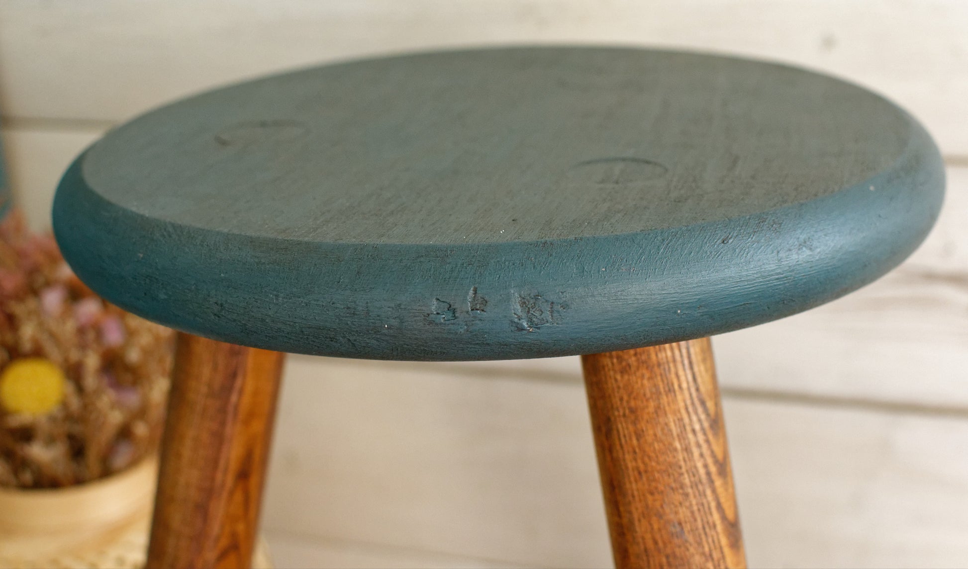 French Vintage Round Wooden Stool Solid Wood Three Legged Farm Milk Stool Refurbished