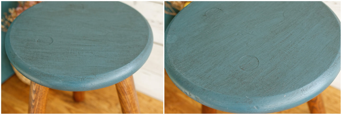 French Vintage Round Wooden Stool Solid Wood Three Legged Farm Milk Stool Refurbished