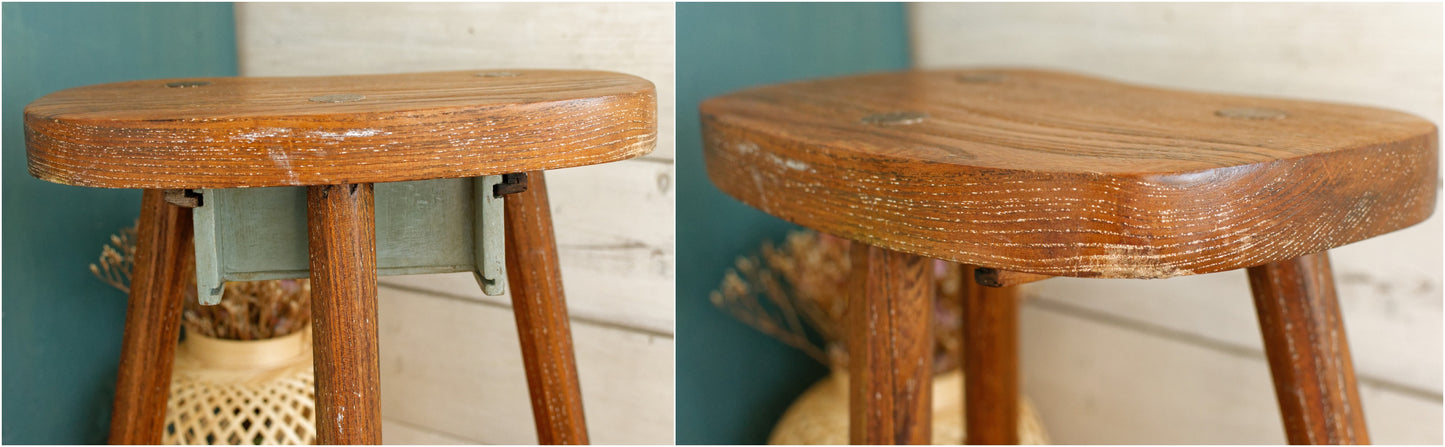 French Vintage Handmade 3 Legged Wooden Stool with Small Storage Drawer Decorative Tripod Farmhouse Milk Stool Refurbished