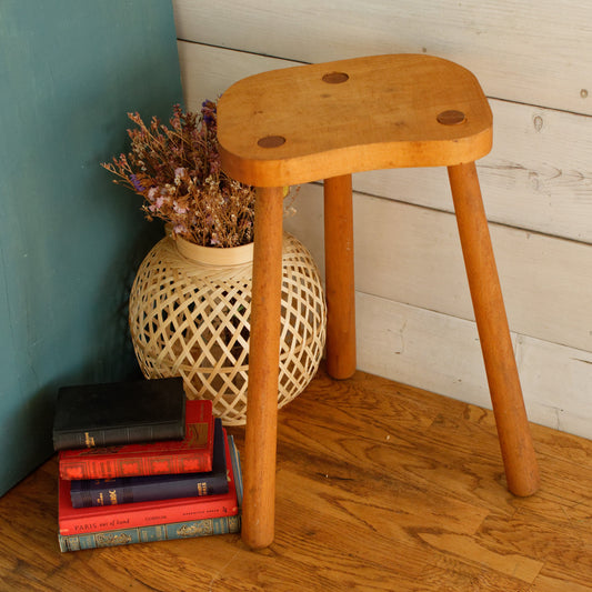 French Vintage Handmade Wooden Tabouret Decorative 3 Legged Tripod Farmhouse Milk Stool