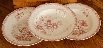 GIROFLEE Boch Freres (BF) Belgian Antique Ironstone Red Transferware Soup Plate Terre de Fer en Faience