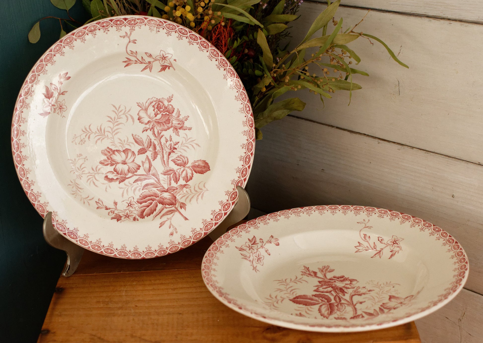 GIROFLEE Boch Freres (BF) Belgian Antique Ironstone Red Transferware Soup Plate Terre de Fer en Faience