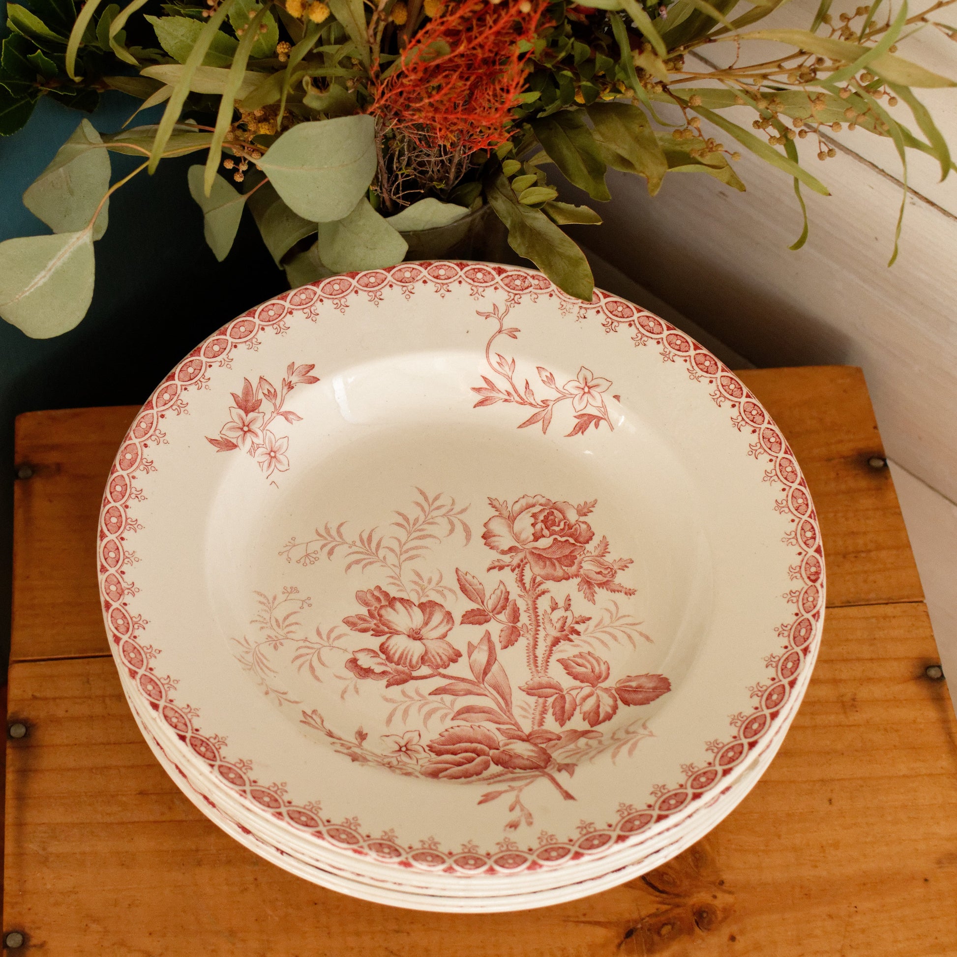 GIROFLEE Boch Freres (BF) Belgian Antique Ironstone Red Transferware Soup Plate Terre de Fer en Faience
