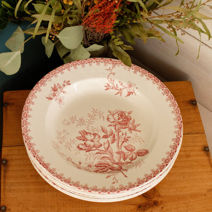 GIROFLEE Boch Freres (BF) Belgian Antique Ironstone Red Transferware Soup Plate Terre de Fer en Faience
