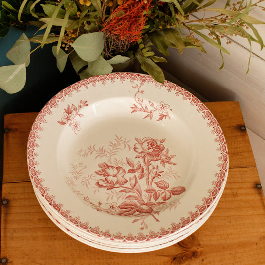 GIROFLEE Boch Freres (BF) Belgian Antique Ironstone Red Transferware Soup Plate Terre de Fer en Faience