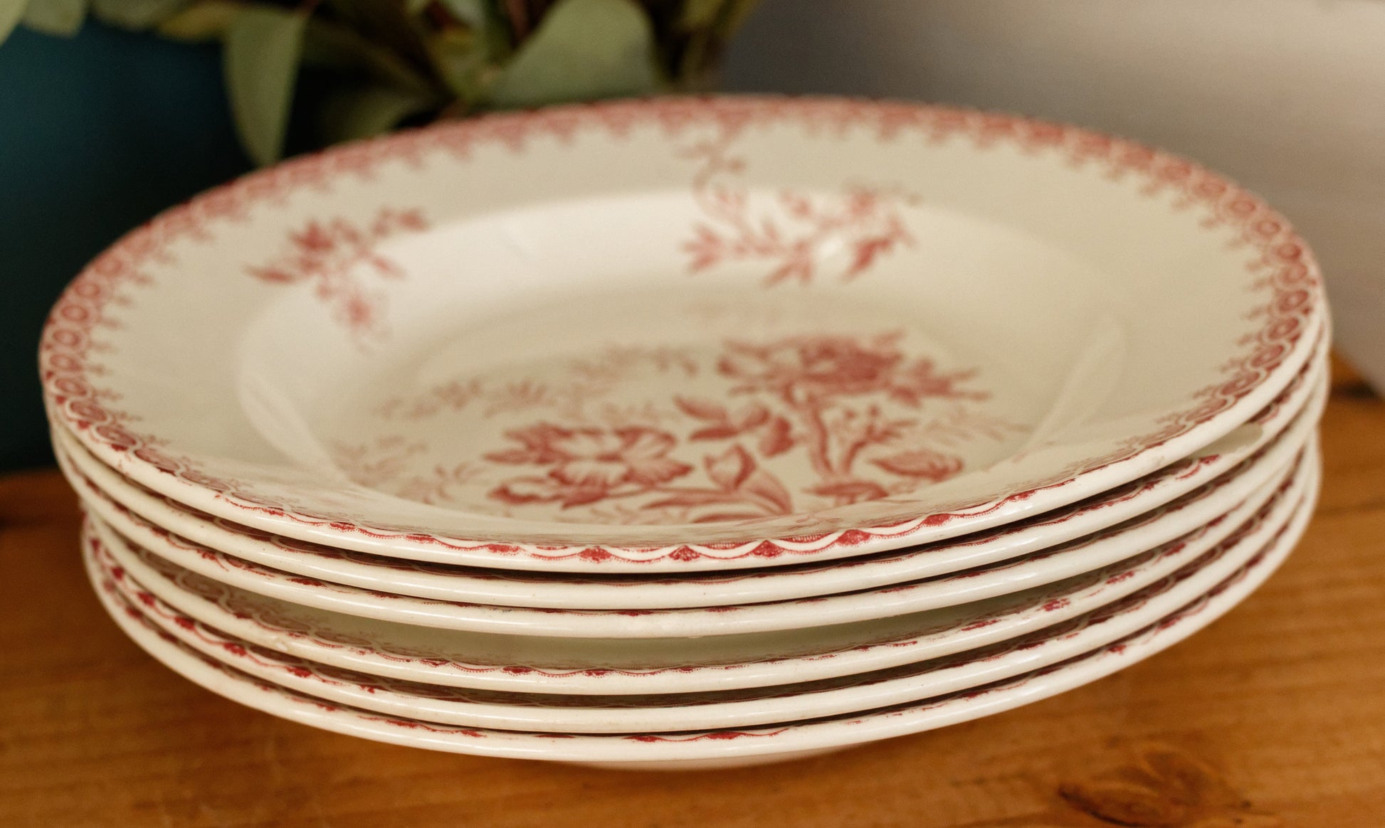 GIROFLEE Boch Freres (BF) Belgian Antique Ironstone Red Transferware Soup Plate Terre de Fer en Faience