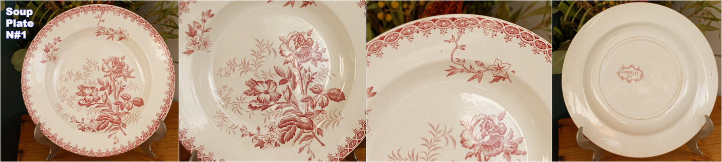 GIROFLEE Boch Freres (BF) Belgian Antique Ironstone Red Transferware Soup Plate Terre de Fer en Faience