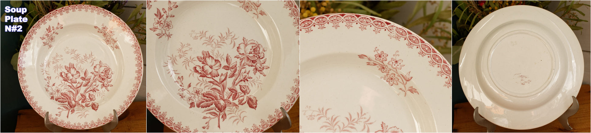 GIROFLEE Boch Freres (BF) Belgian Antique Ironstone Red Transferware Soup Plate Terre de Fer en Faience