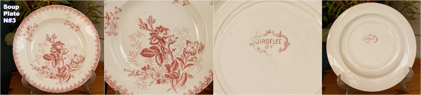 GIROFLEE Boch Freres (BF) Belgian Antique Ironstone Red Transferware Soup Plate Terre de Fer en Faience