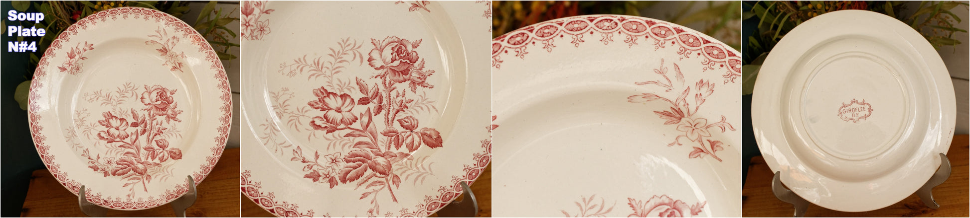 GIROFLEE Boch Freres (BF) Belgian Antique Ironstone Red Transferware Soup Plate Terre de Fer en Faience