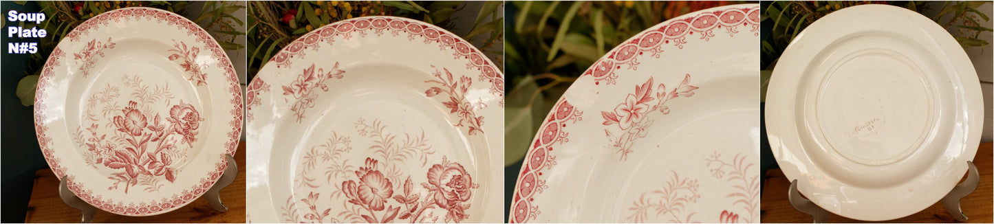 GIROFLEE Boch Freres (BF) Belgian Antique Ironstone Red Transferware Soup Plate Terre de Fer en Faience