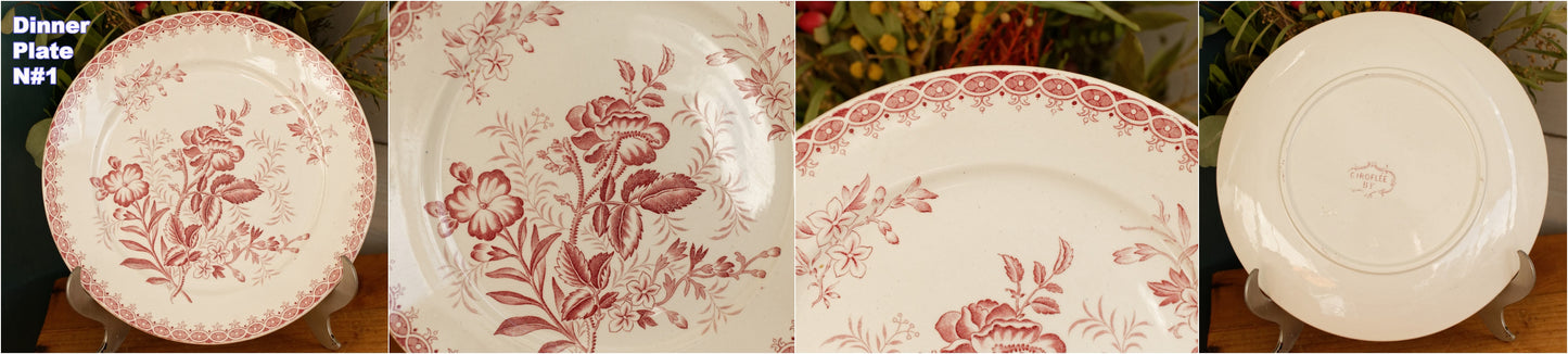 GIROFLEE Boch Freres (BF) Belgian Antique Ironstone Red Transferware Dinner Plate Terre de Fer en Faience