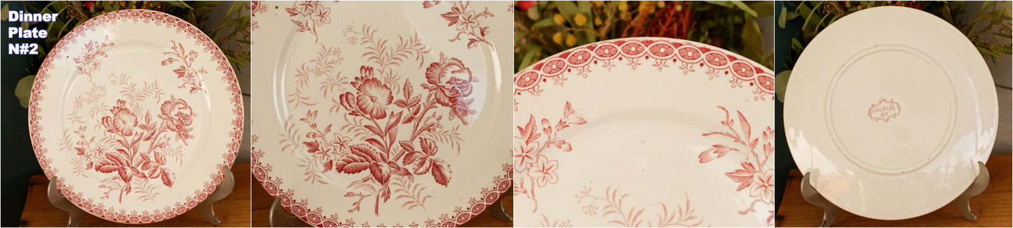 GIROFLEE Boch Freres (BF) Belgian Antique Ironstone Red Transferware Dinner Plate Terre de Fer en Faience
