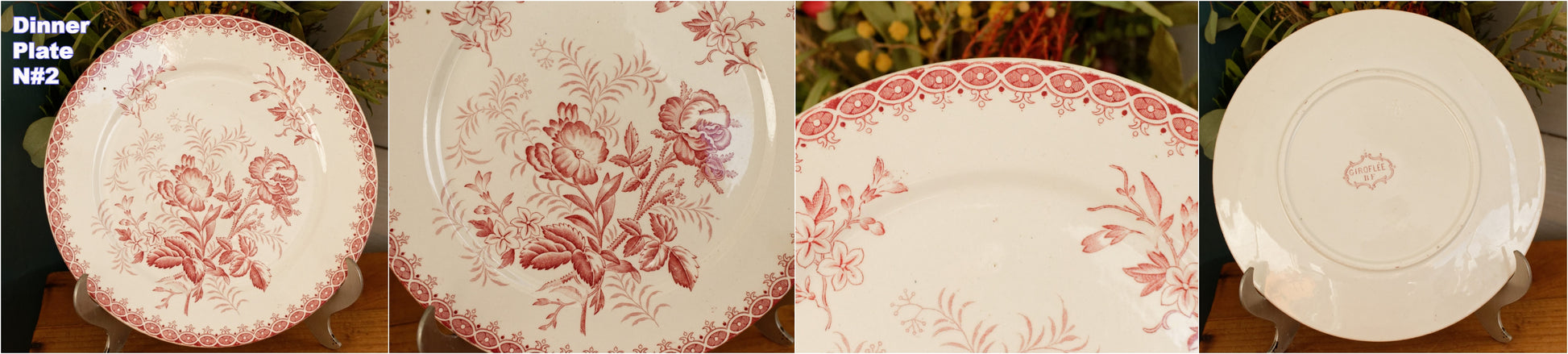 GIROFLEE Boch Freres (BF) Belgian Antique Ironstone Red Transferware Dinner Plate Terre de Fer en Faience