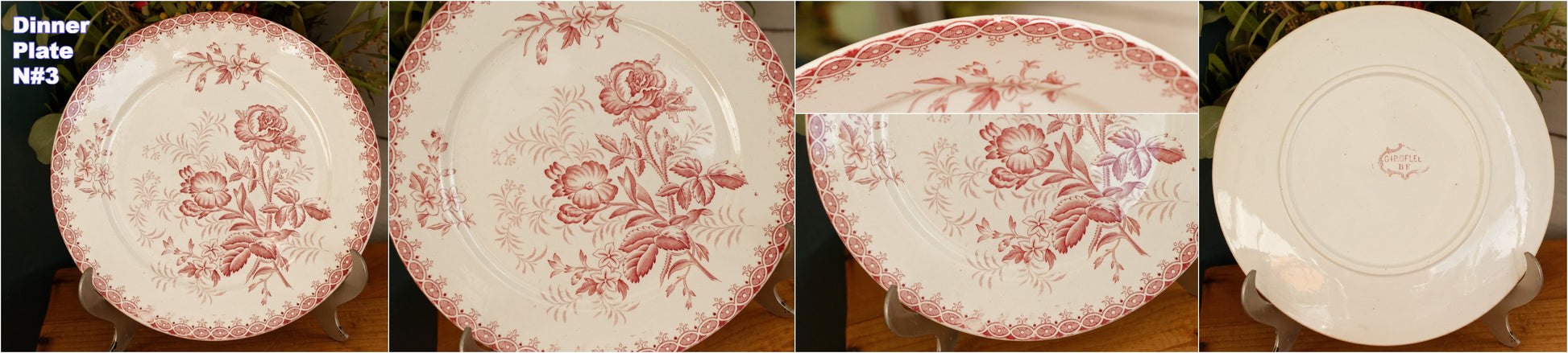GIROFLEE Boch Freres (BF) Belgian Antique Ironstone Red Transferware Dinner Plate Terre de Fer en Faience