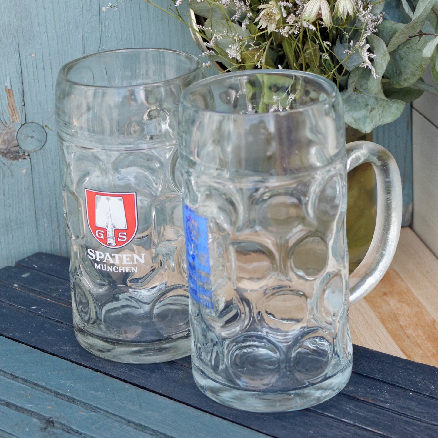 German Austrian Vintage Tall Beer Stein Mug Collectible Glassware European Octoberfest Large Dimpled 1 Liter Beer Mug 1 litre GS SPARTEN MUNCHEN & JW AUGUSTINER BRAU MUNCHEN GEGRUNDET 1328 Made in Austria