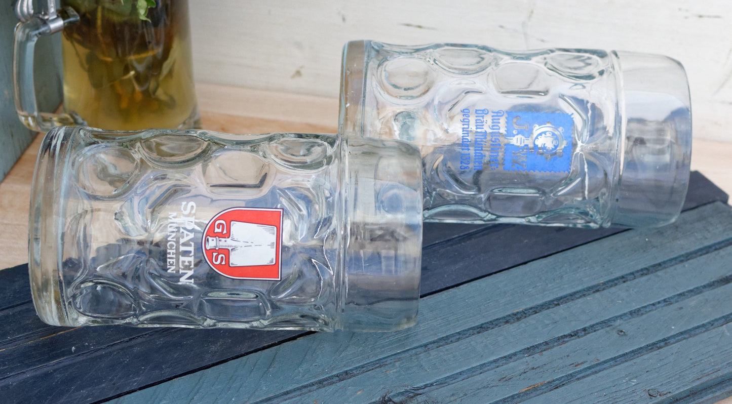 German Austrian Vintage Tall Beer Stein Mug Collectible Glassware European Octoberfest Large Dimpled 1 Liter Beer Mug 1 litre GS SPARTEN MUNCHEN & JW AUGUSTINER BRAU MUNCHEN GEGRUNDET 1328 Made in Austria