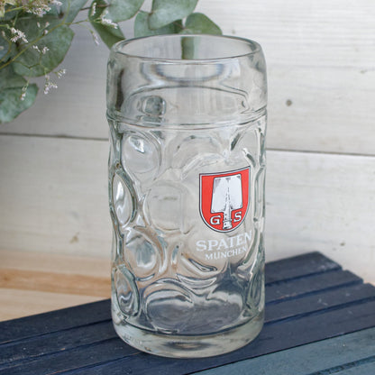 German Austrian Vintage Tall Beer Stein Mug Collectible Glassware European Octoberfest Large Dimpled 1 Liter Beer Mug 1 litre GS SPARTEN MUNCHEN & JW AUGUSTINER BRAU MUNCHEN GEGRUNDET 1328 Made in Austria