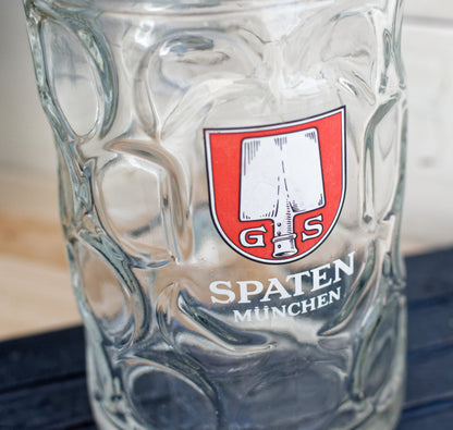 German Austrian Vintage Tall Beer Stein Mug Collectible Glassware European Octoberfest Large Dimpled 1 Liter Beer Mug 1 litre GS SPARTEN MUNCHEN & JW AUGUSTINER BRAU MUNCHEN GEGRUNDET 1328 Made in Austria