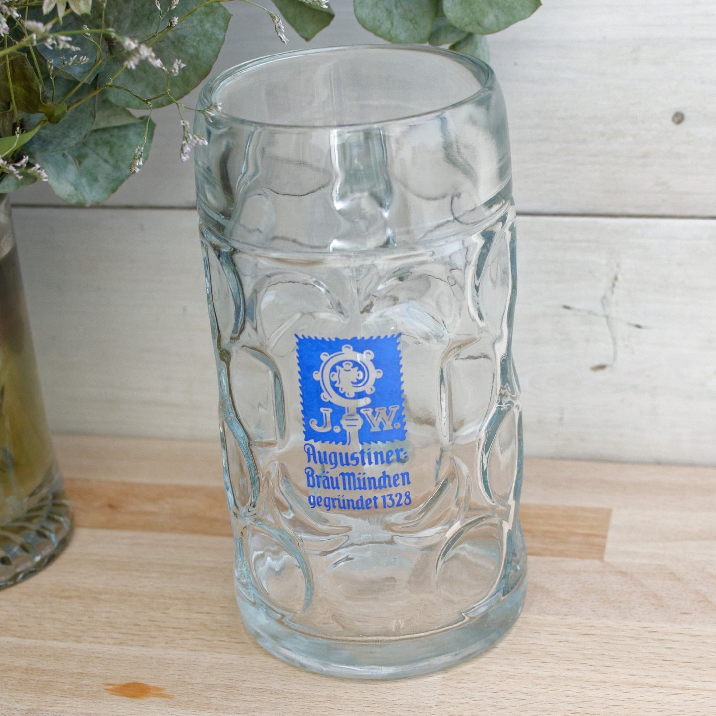 German Austrian Vintage Tall Beer Stein Mug Collectible Glassware European Octoberfest Large Dimpled 1 Liter Beer Mug 1 litre GS SPARTEN MUNCHEN & JW AUGUSTINER BRAU MUNCHEN GEGRUNDET 1328 Made in Austria