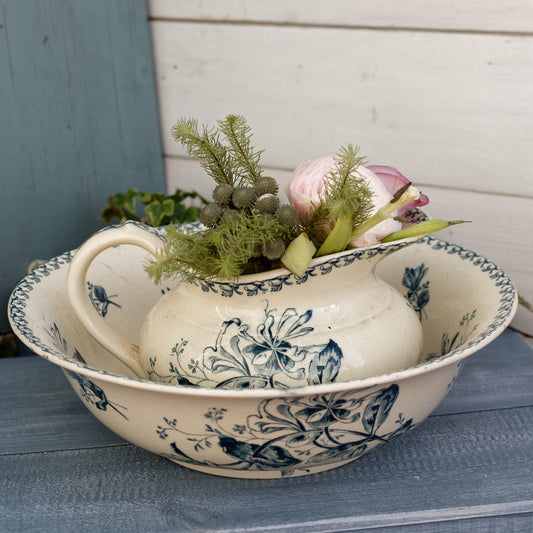 CHEVRE FEUILLES Porcelaine Opaque de Gien French Antique Collectible Ironstone Blue Transferware Bathroom Set Pitcher BROC & Basin CUVETTE Terre de fer