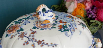 GIEN Coq Motif French Antique Ironstone Soup Tureen Soupiere Terre de Fer en Faience Coq Rooster Peony Motif