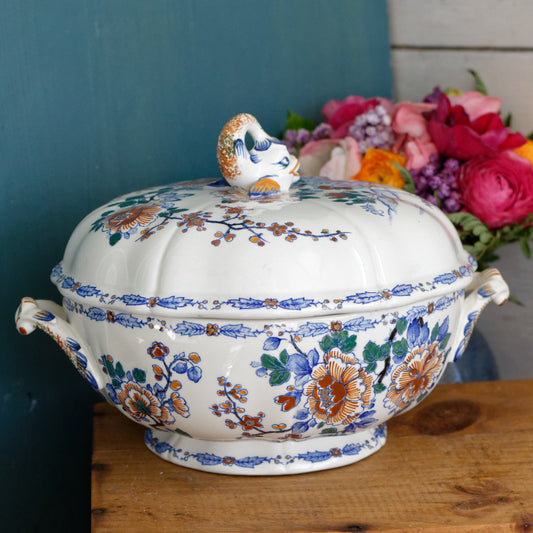 GIEN Coq Motif French Antique Ironstone Soup Tureen Soupiere Terre de Fer en Faience Coq Rooster Peony Motif